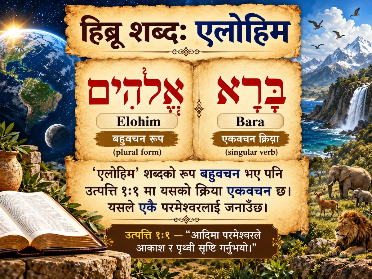हिब्रू एलोहिम बहुवचन रूप र बारा एकवचन क्रिया: उत्पत्ति १:१ मा एक परमेश्वर